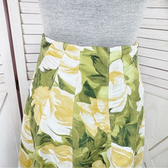 Premise Floral Roses Linen Blend A Line Flare Midi Skirt Lime Green Yellow 4 - Picture 5 of 13